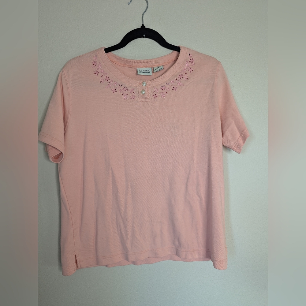 Classic Elements Pink Embroidered Short Sleeve Top Size M